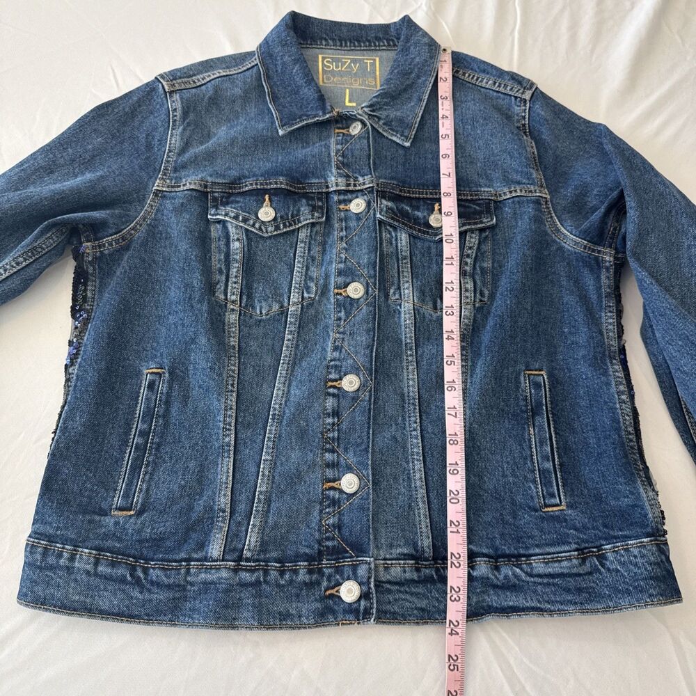 Suzy T Designs Sz L Lace Back Denim Jacket Blue Statement Couture Floral Boho - Picture 15 of 16